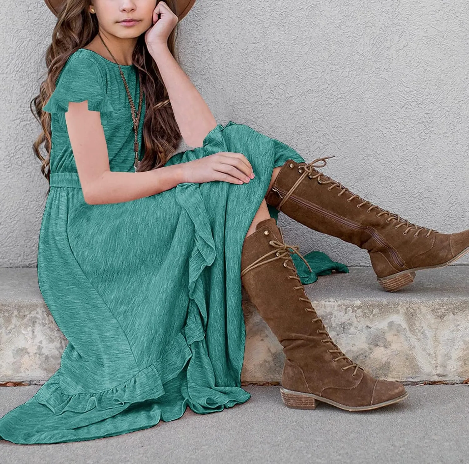 MITILLY Girls Loose Plain 3/4 Sleeve Casual Pocket Ruffle Swing Long Maxi Dress with Belt