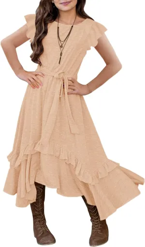 MITILLY Girls Loose Plain 3/4 Sleeve Casual Pocket Ruffle Swing Long Maxi Dress with Belt