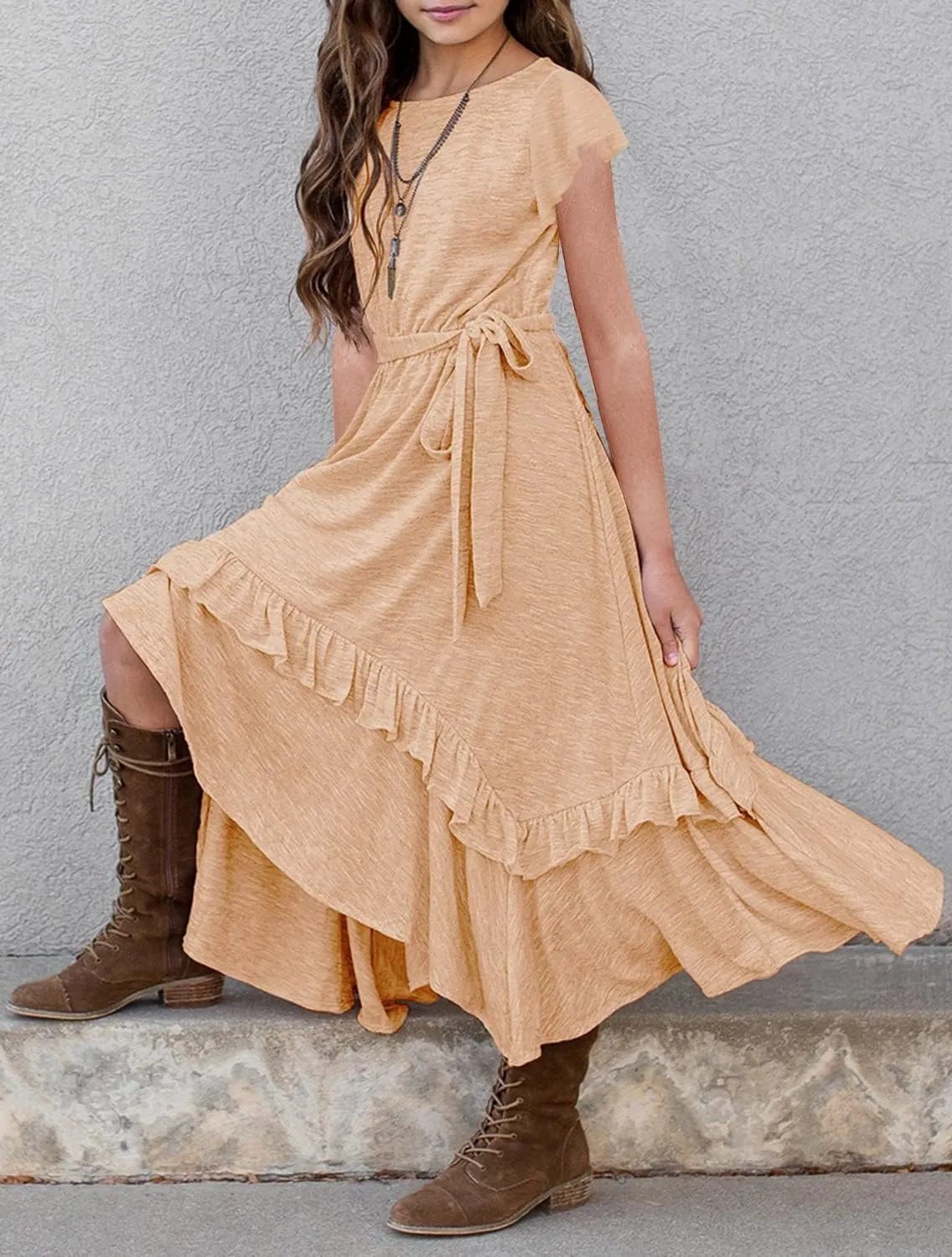 MITILLY Girls Loose Plain 3/4 Sleeve Casual Pocket Ruffle Swing Long Maxi Dress with Belt