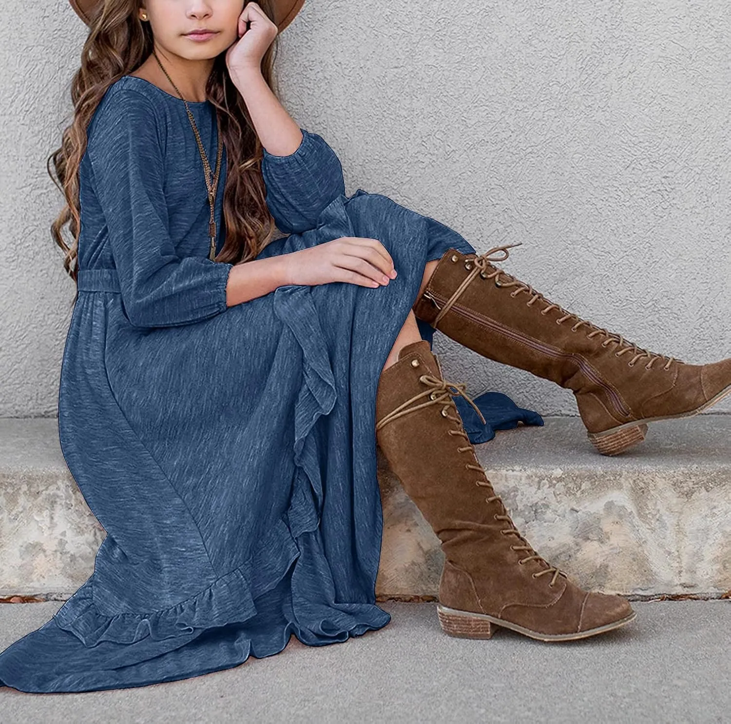 MITILLY Girls Loose Plain 3/4 Sleeve Casual Pocket Ruffle Swing Long Maxi Dress with Belt