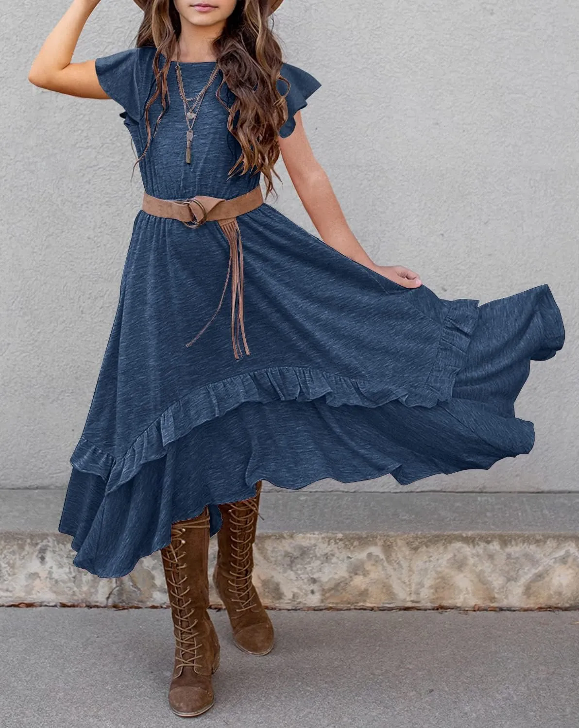 MITILLY Girls Loose Plain 3/4 Sleeve Casual Pocket Ruffle Swing Long Maxi Dress with Belt
