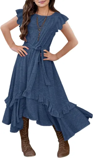 MITILLY Girls Loose Plain 3/4 Sleeve Casual Pocket Ruffle Swing Long Maxi Dress with Belt