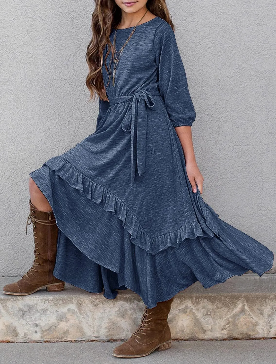 MITILLY Girls Loose Plain 3/4 Sleeve Casual Pocket Ruffle Swing Long Maxi Dress with Belt