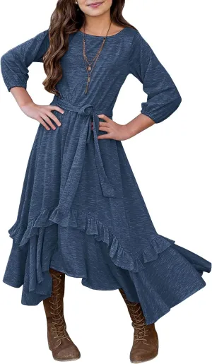 MITILLY Girls Loose Plain 3/4 Sleeve Casual Pocket Ruffle Swing Long Maxi Dress with Belt