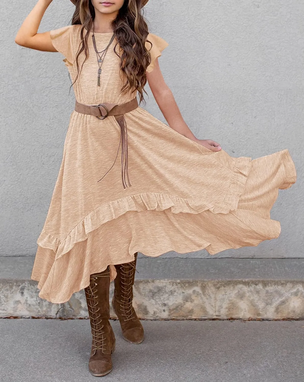 MITILLY Girls Loose Plain 3/4 Sleeve Casual Pocket Ruffle Swing Long Maxi Dress with Belt
