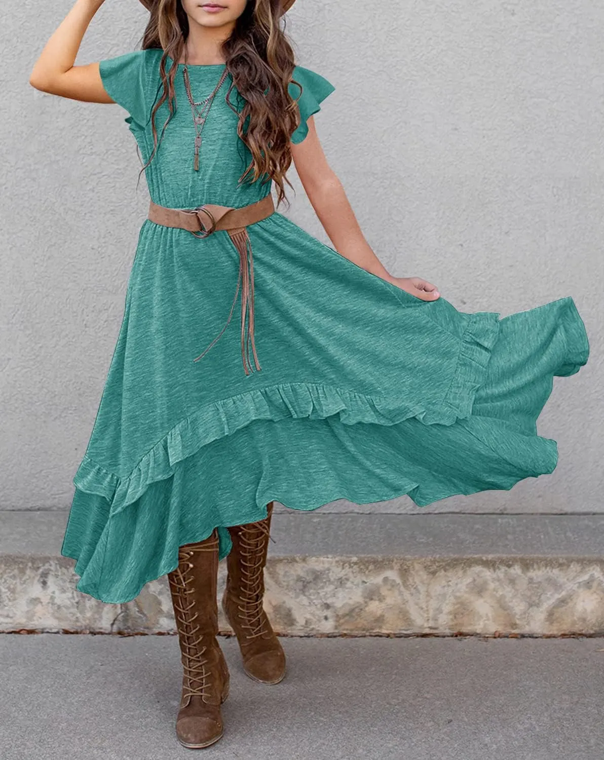 MITILLY Girls Loose Plain 3/4 Sleeve Casual Pocket Ruffle Swing Long Maxi Dress with Belt