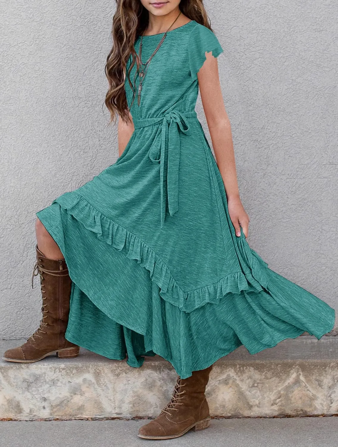 MITILLY Girls Loose Plain 3/4 Sleeve Casual Pocket Ruffle Swing Long Maxi Dress with Belt