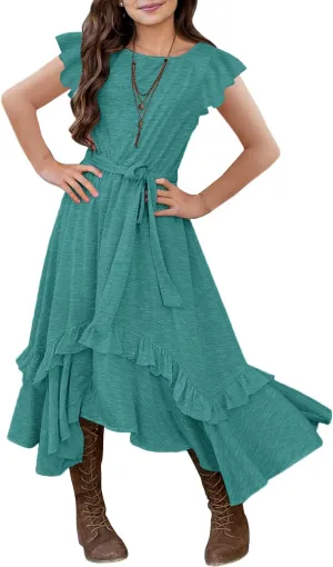 MITILLY Girls Loose Plain 3/4 Sleeve Casual Pocket Ruffle Swing Long Maxi Dress with Belt