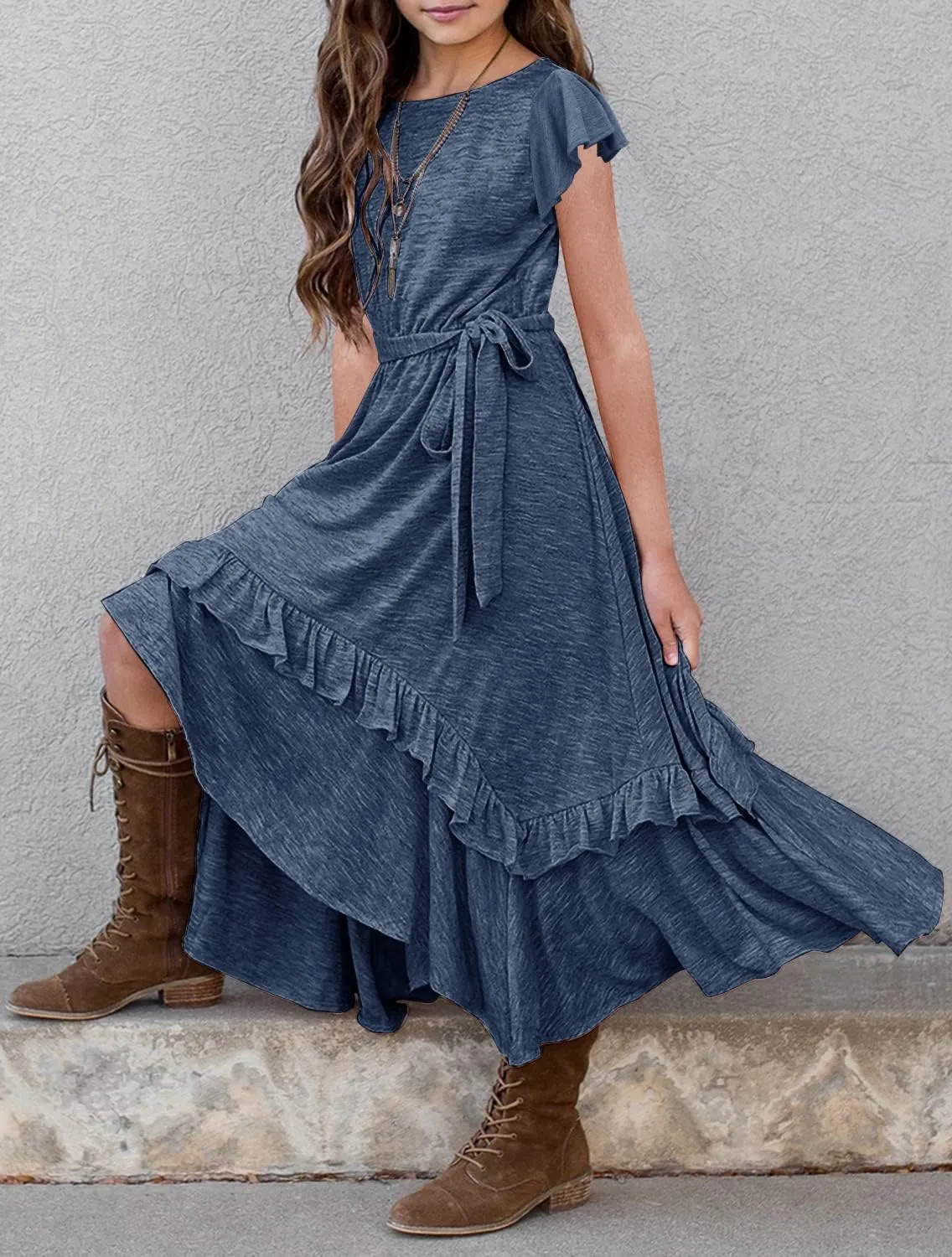 MITILLY Girls Loose Plain 3/4 Sleeve Casual Pocket Ruffle Swing Long Maxi Dress with Belt