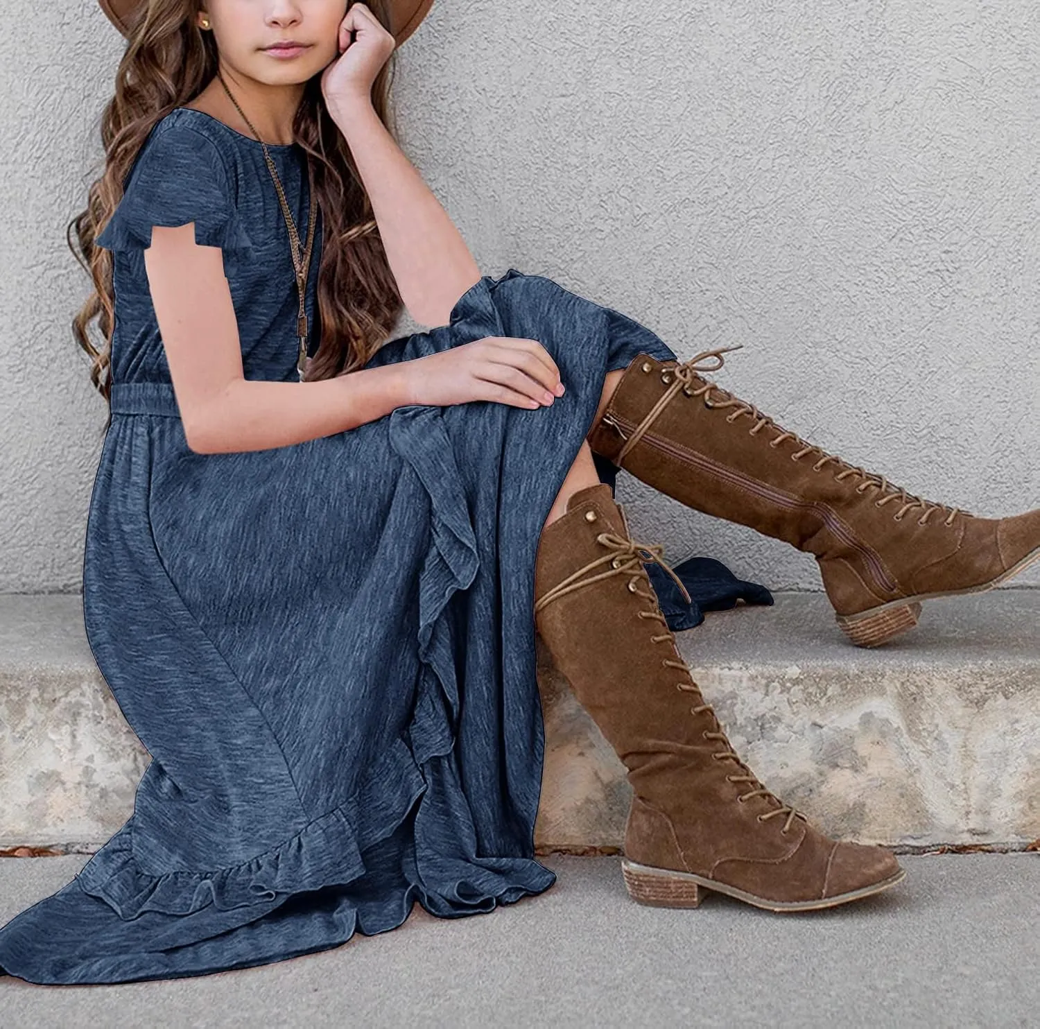 MITILLY Girls Loose Plain 3/4 Sleeve Casual Pocket Ruffle Swing Long Maxi Dress with Belt