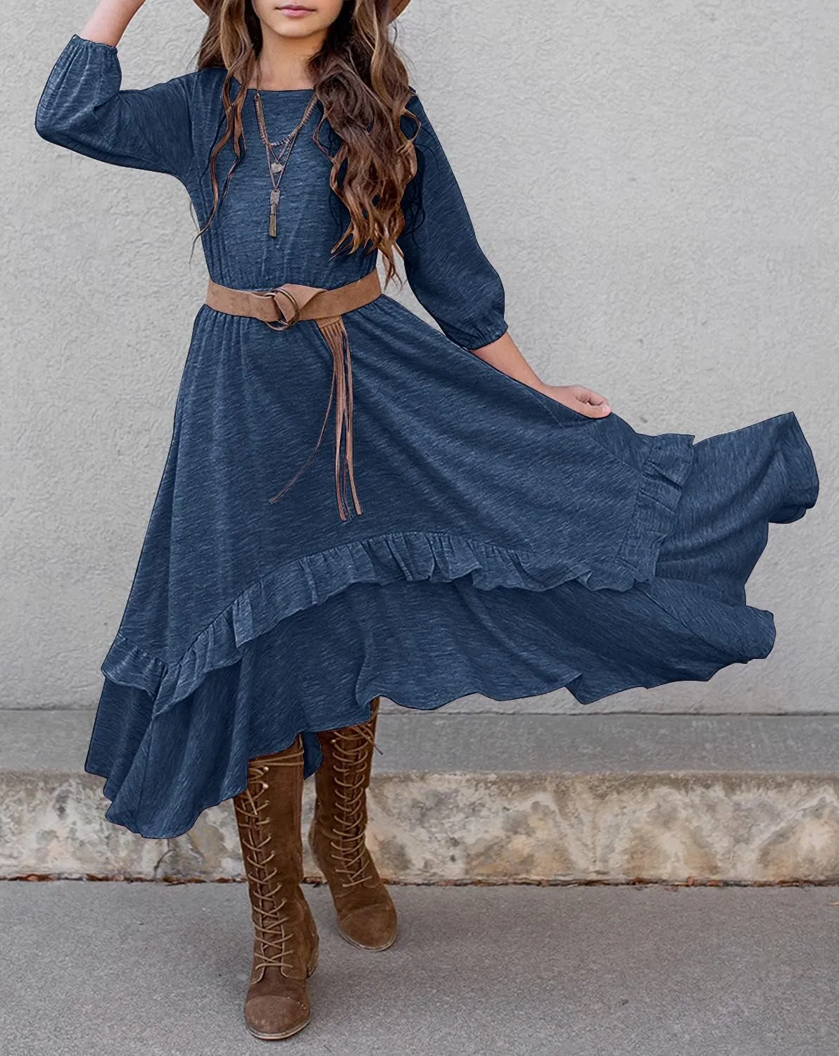 MITILLY Girls Loose Plain 3/4 Sleeve Casual Pocket Ruffle Swing Long Maxi Dress with Belt
