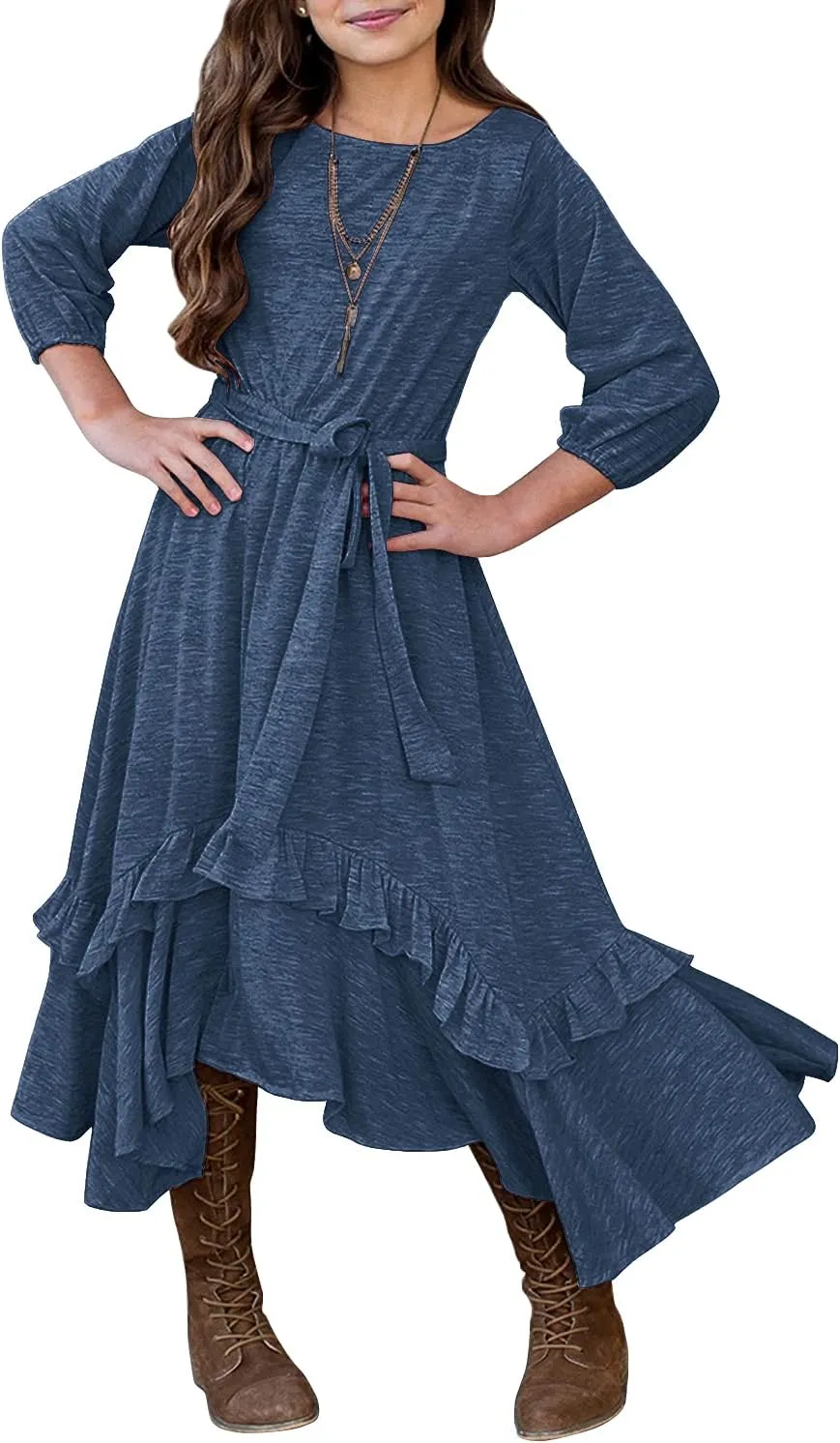 MITILLY Girls Loose Plain 3/4 Sleeve Casual Pocket Ruffle Swing Long Maxi Dress with Belt