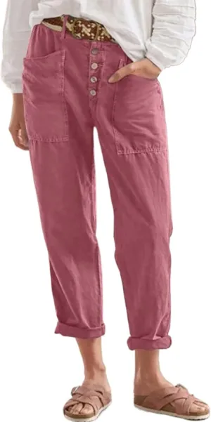 Miyaomn 2024 Trendy Cotton Linen Button-Fly Pants for Women Solid Lightweight High Waist Straight Leg Lounge Slacks Plus Size