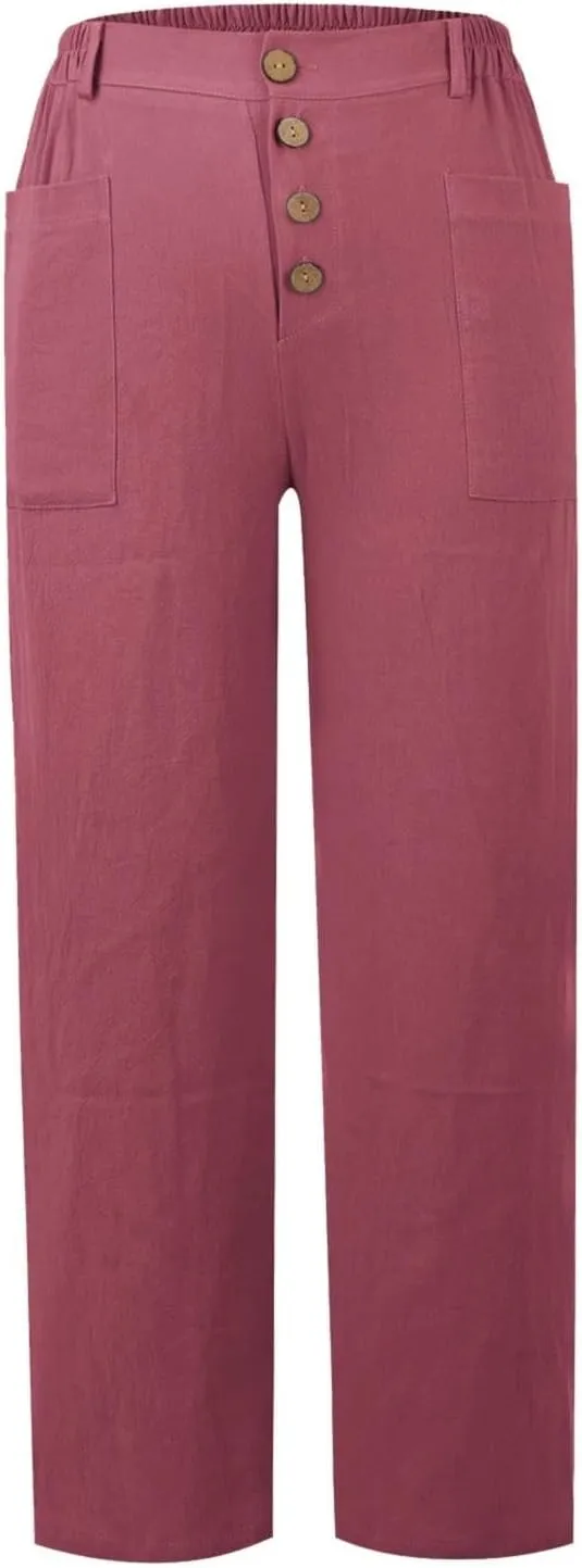 Miyaomn 2024 Trendy Cotton Linen Button-Fly Pants for Women Solid Lightweight High Waist Straight Leg Lounge Slacks Plus Size