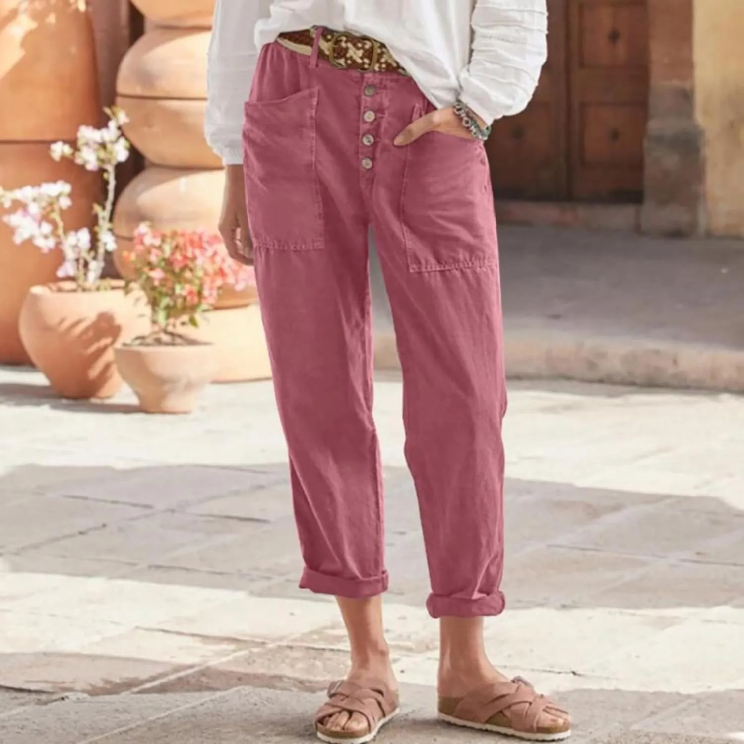 Miyaomn 2024 Trendy Cotton Linen Button-Fly Pants for Women Solid Lightweight High Waist Straight Leg Lounge Slacks Plus Size