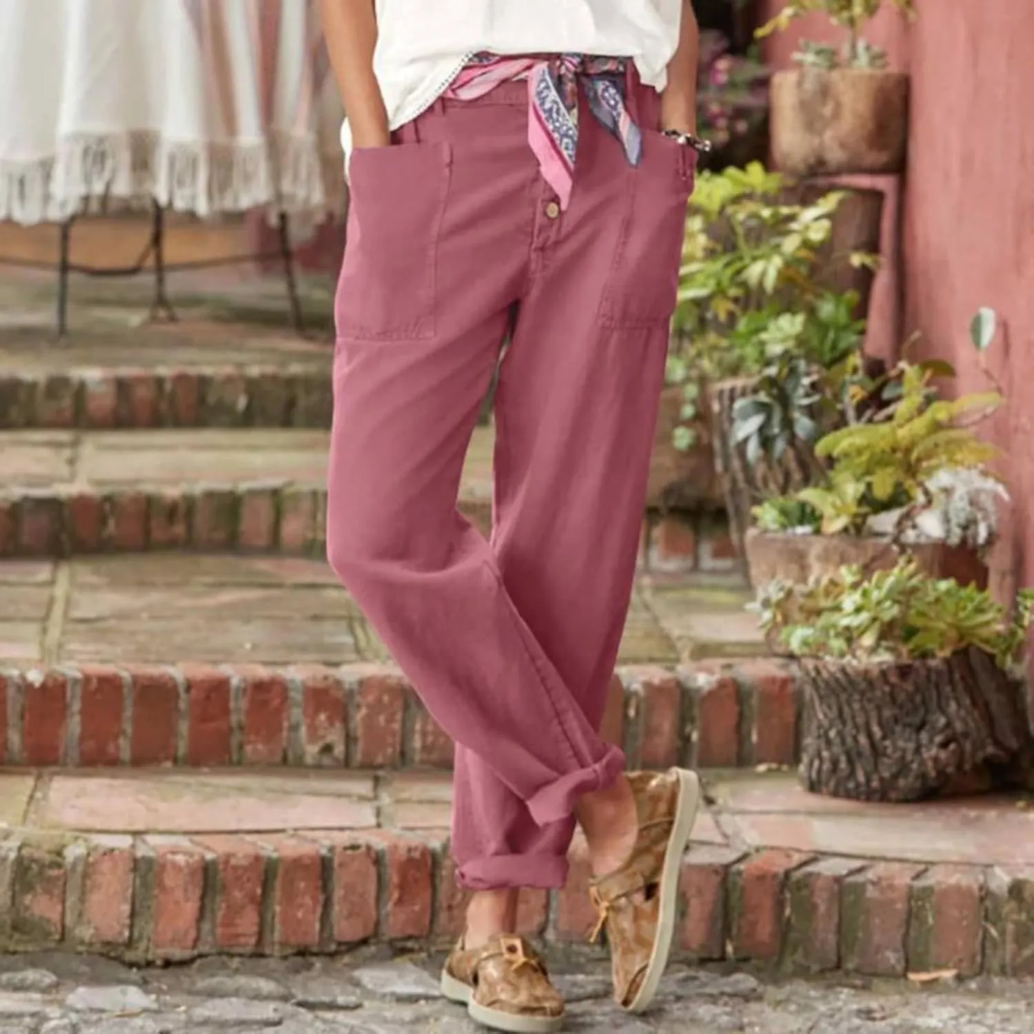 Miyaomn 2024 Trendy Cotton Linen Button-Fly Pants for Women Solid Lightweight High Waist Straight Leg Lounge Slacks Plus Size