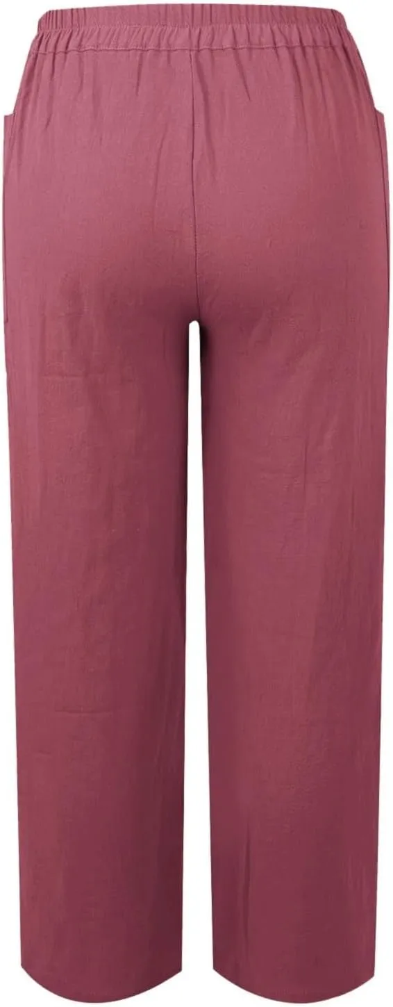 Miyaomn 2024 Trendy Cotton Linen Button-Fly Pants for Women Solid Lightweight High Waist Straight Leg Lounge Slacks Plus Size
