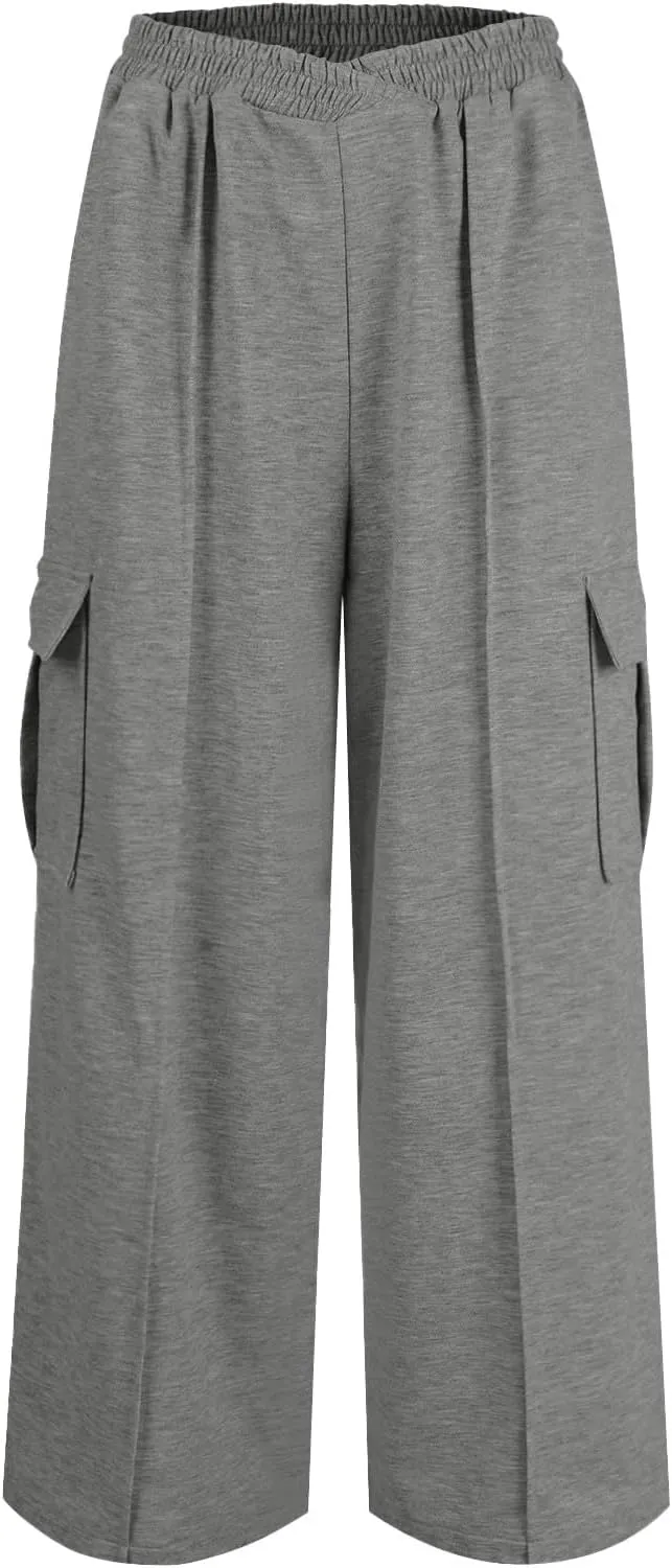 Miyaomn Causal Wide Leg Cargo Sweatpants for Women Elastic V-Waisted Athletic Pants Loose Comfy Lounge Trousers with Pockets