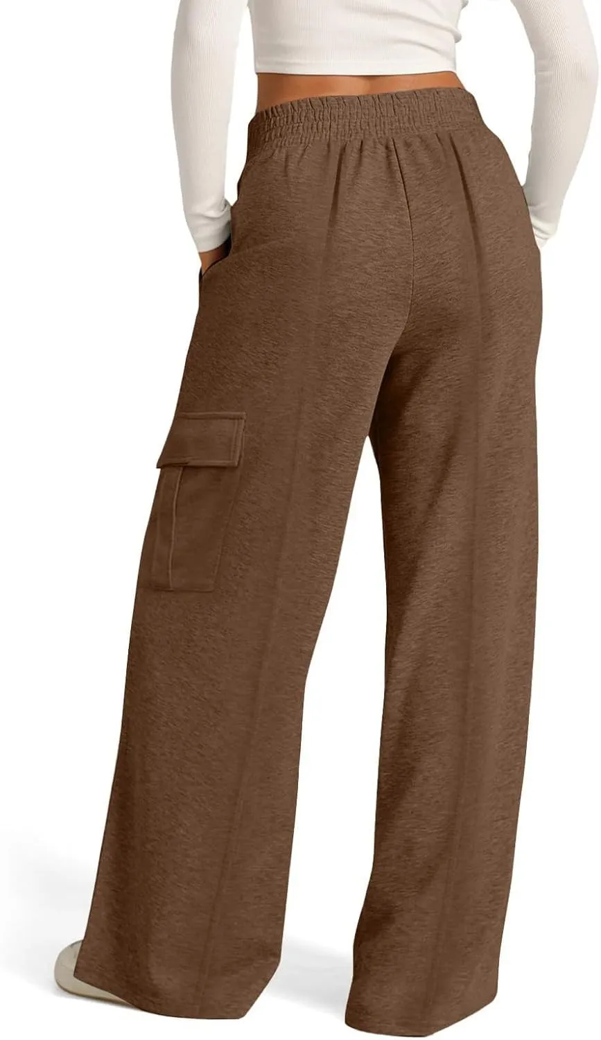 Miyaomn Causal Wide Leg Cargo Sweatpants for Women Elastic V-Waisted Athletic Pants Loose Comfy Lounge Trousers with Pockets