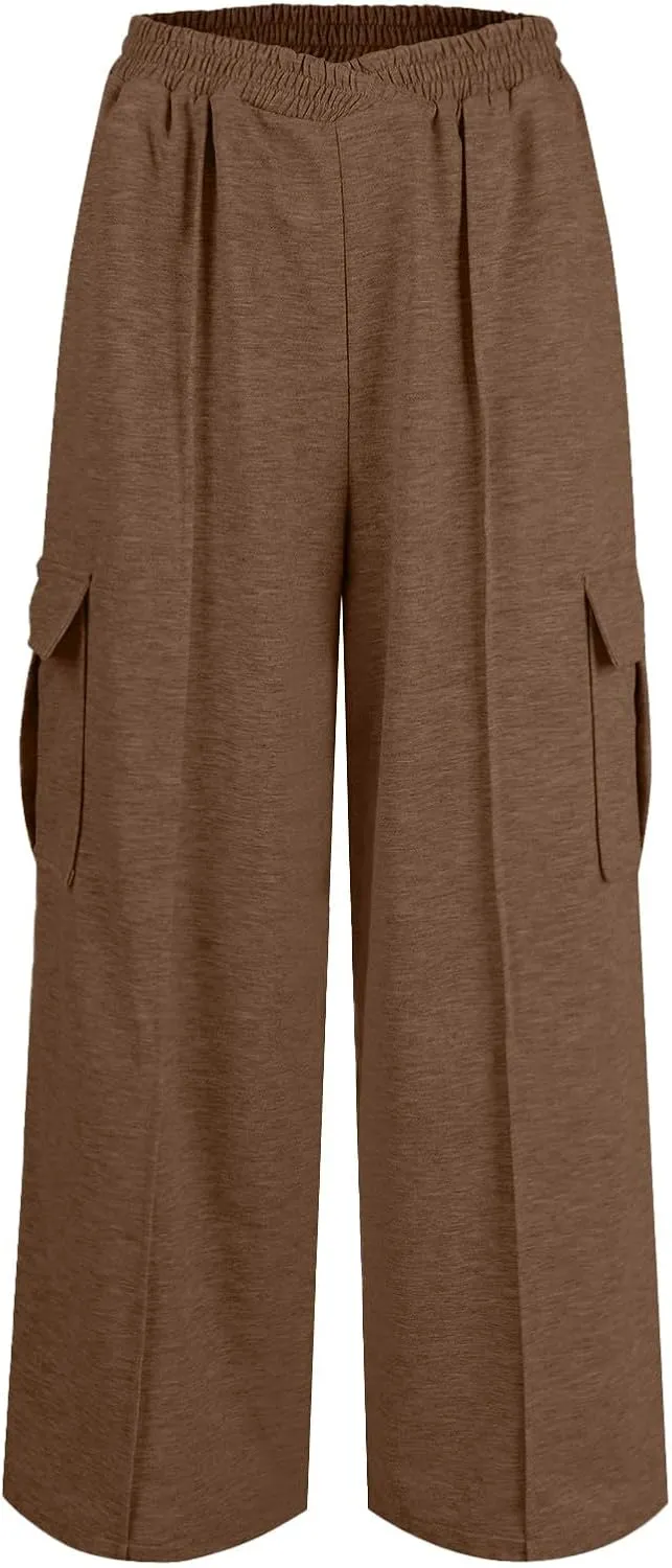 Miyaomn Causal Wide Leg Cargo Sweatpants for Women Elastic V-Waisted Athletic Pants Loose Comfy Lounge Trousers with Pockets
