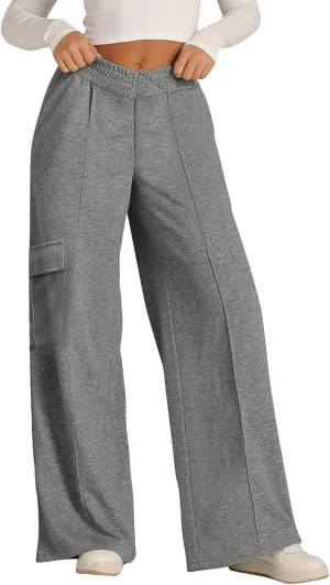 Miyaomn Causal Wide Leg Cargo Sweatpants for Women Elastic V-Waisted Athletic Pants Loose Comfy Lounge Trousers with Pockets