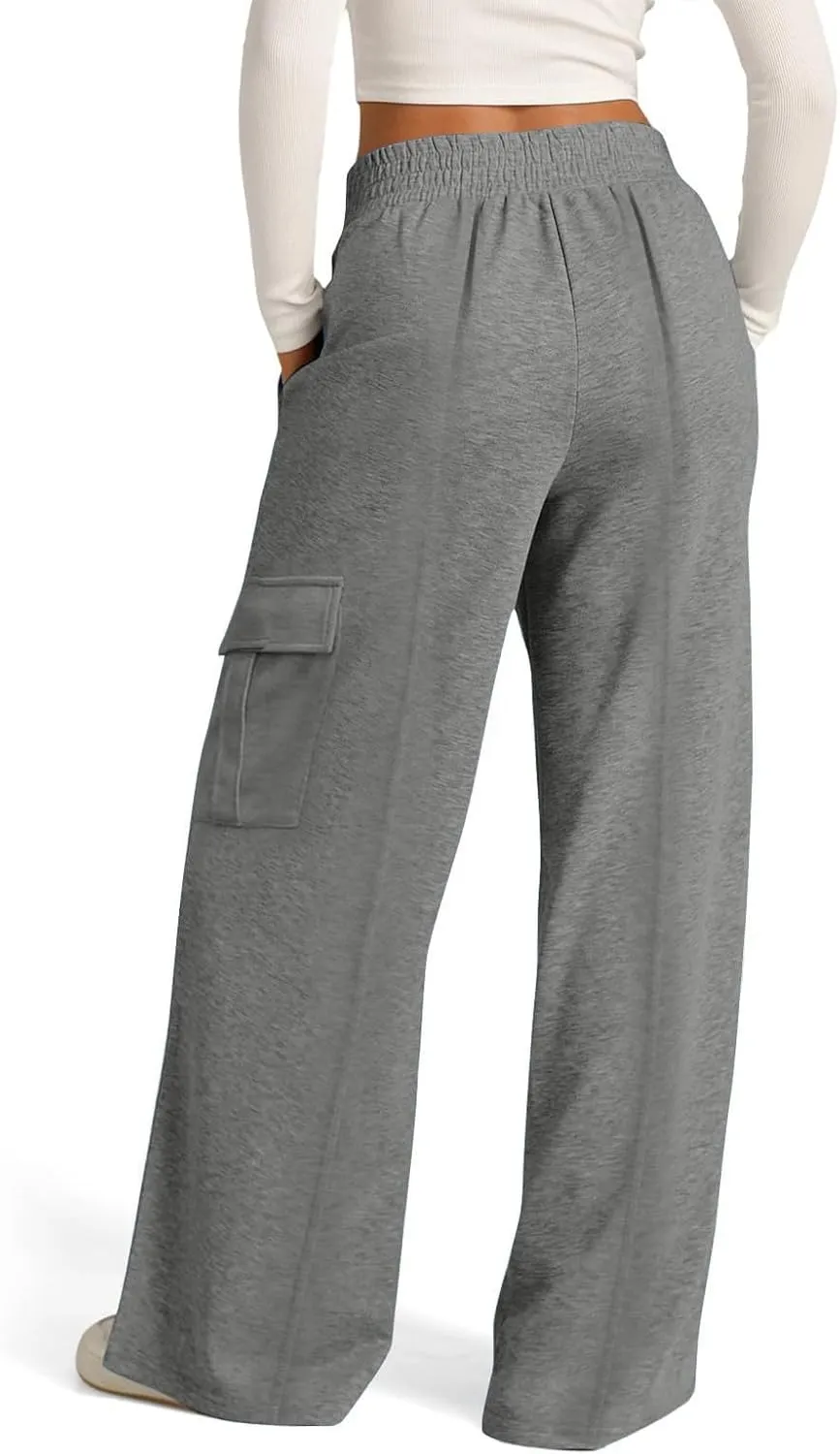 Miyaomn Causal Wide Leg Cargo Sweatpants for Women Elastic V-Waisted Athletic Pants Loose Comfy Lounge Trousers with Pockets