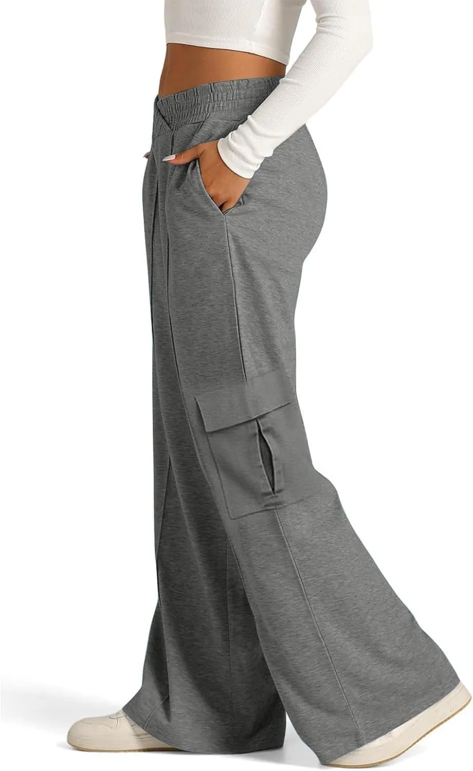 Miyaomn Causal Wide Leg Cargo Sweatpants for Women Elastic V-Waisted Athletic Pants Loose Comfy Lounge Trousers with Pockets