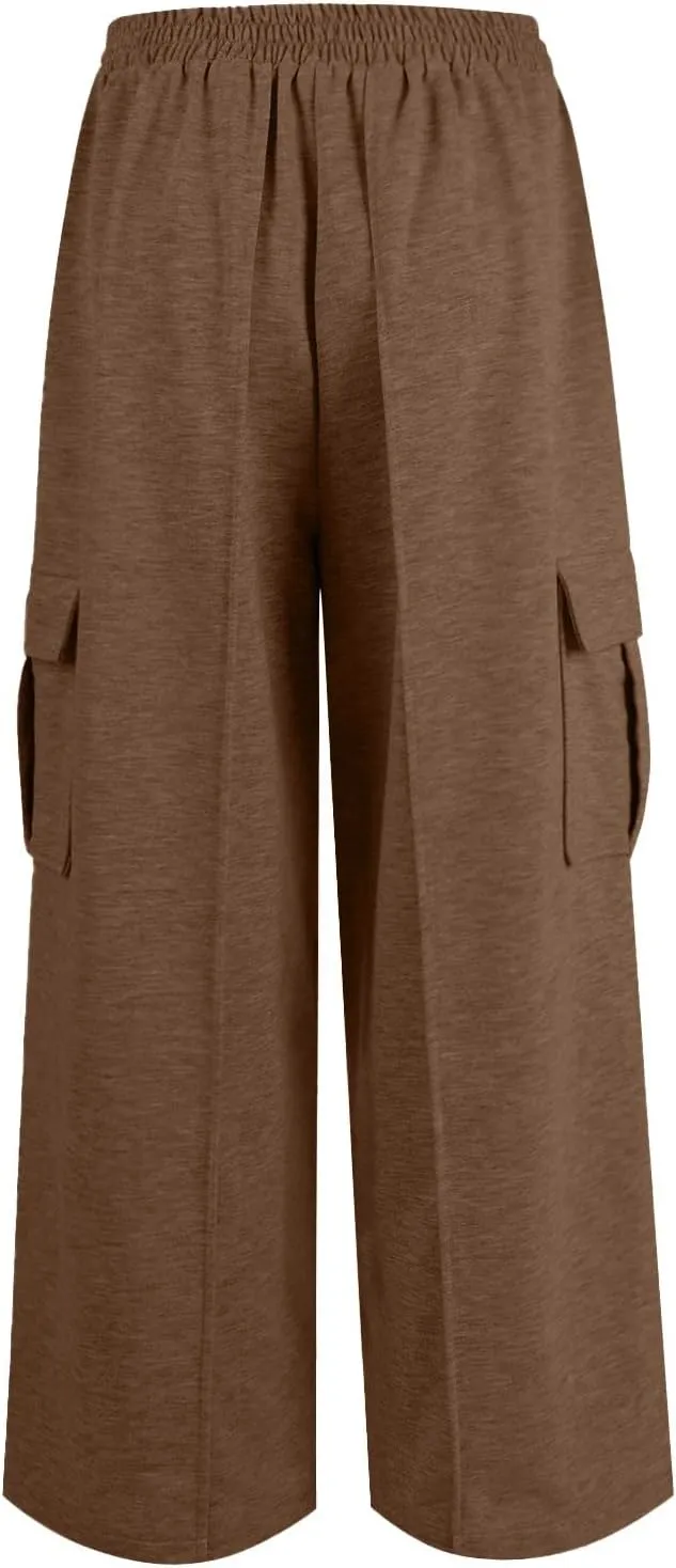 Miyaomn Causal Wide Leg Cargo Sweatpants for Women Elastic V-Waisted Athletic Pants Loose Comfy Lounge Trousers with Pockets