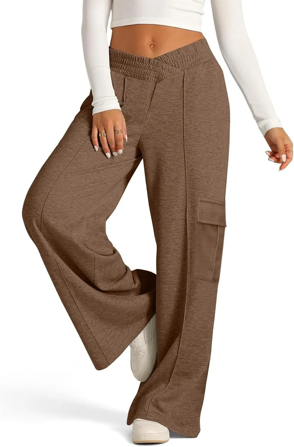 Miyaomn Causal Wide Leg Cargo Sweatpants for Women Elastic V-Waisted Athletic Pants Loose Comfy Lounge Trousers with Pockets
