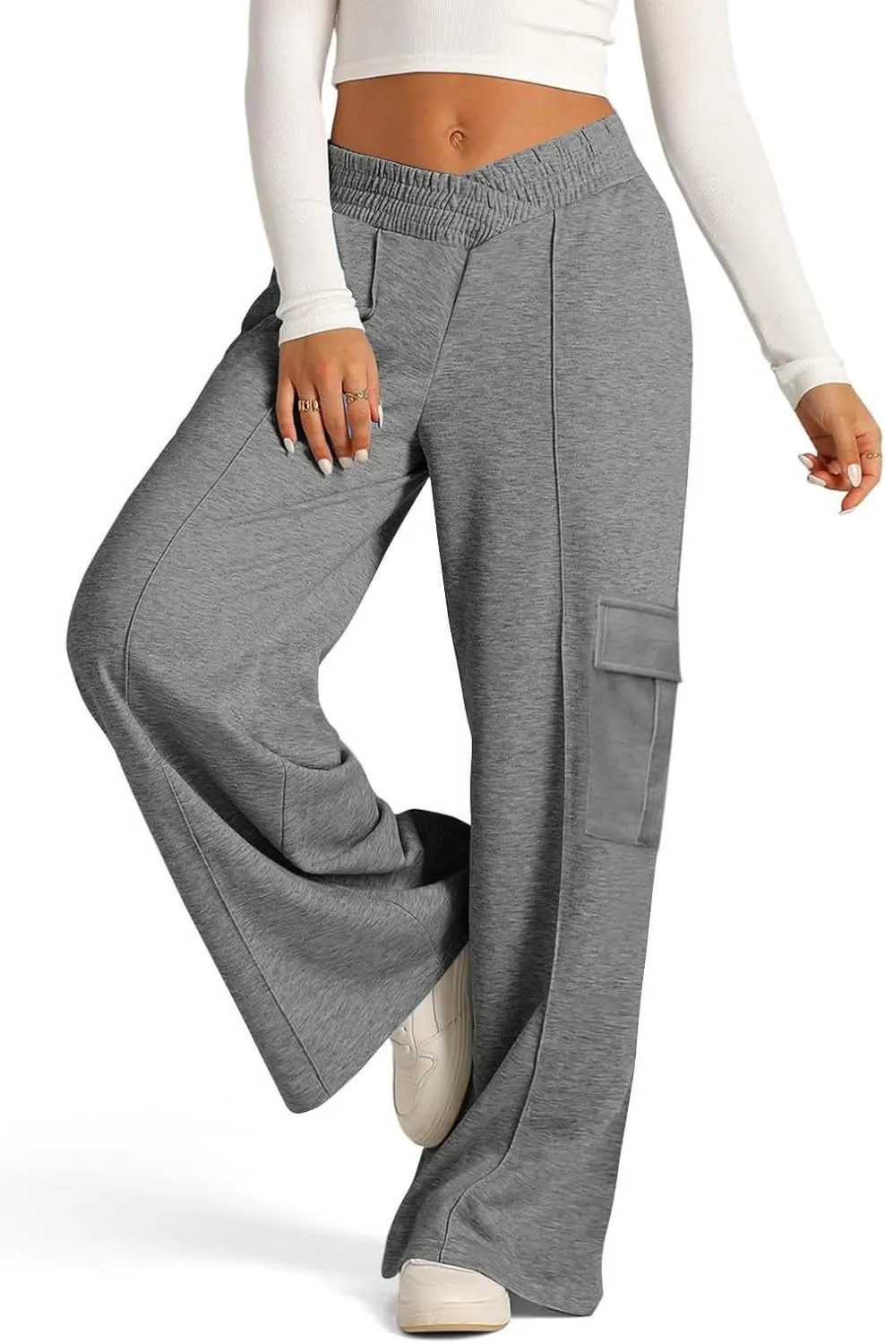 Miyaomn Causal Wide Leg Cargo Sweatpants for Women Elastic V-Waisted Athletic Pants Loose Comfy Lounge Trousers with Pockets