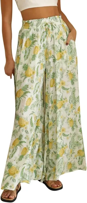 Miyaomn Womens Casual Elastic Waist Wide Leg Pants 2024 Summer Floral Solid Flowy Pockets Palazzo Pants Lounge Beach Trousers