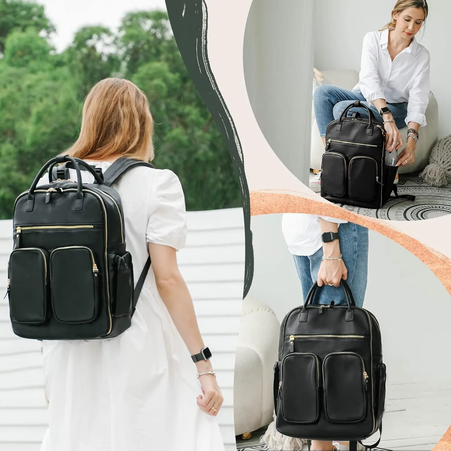MOMINSIDE Diaper Bag Backpack, Leather Baby Bag with 18 Pockets, Diaper Backpack for Women Mom, Travel Baby Bag for Girl Boy, Large Wet Pocket, 4 Insulated Pockets, Stroller Straps, Black