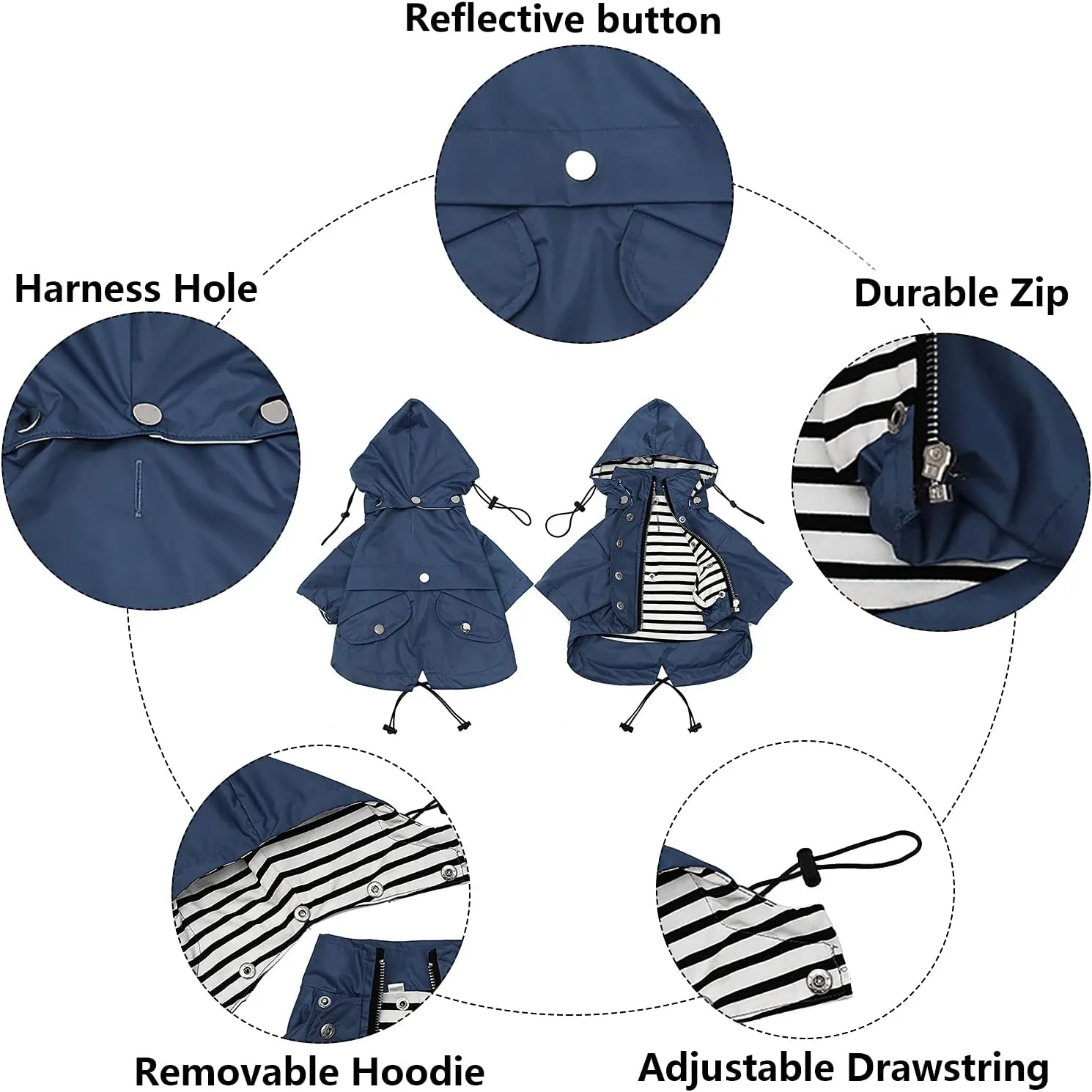 Morezi Dog Zip Up Raincoat with Reflective Buttons, Rain/Water Resistant, Adjustable Drawstring, Removable Hood, Raincoats with Legs 8lbs to 80lbs Available - Dark Blue - XL