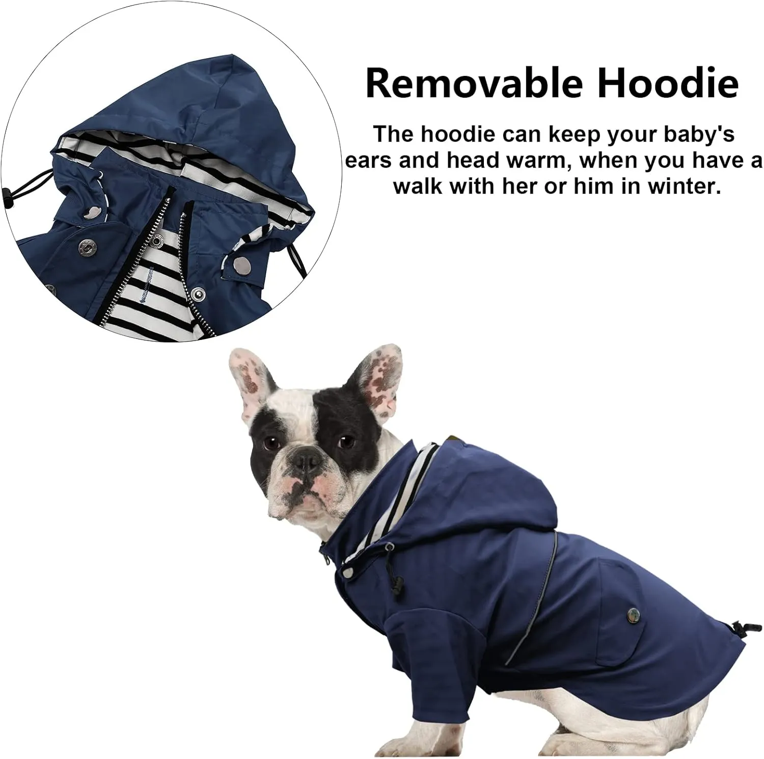 Morezi Dog Zip Up Raincoat with Reflective Buttons, Rain/Water Resistant, Adjustable Drawstring, Removable Hood, Raincoats with Legs 8lbs to 80lbs Available - Dark Blue - XL