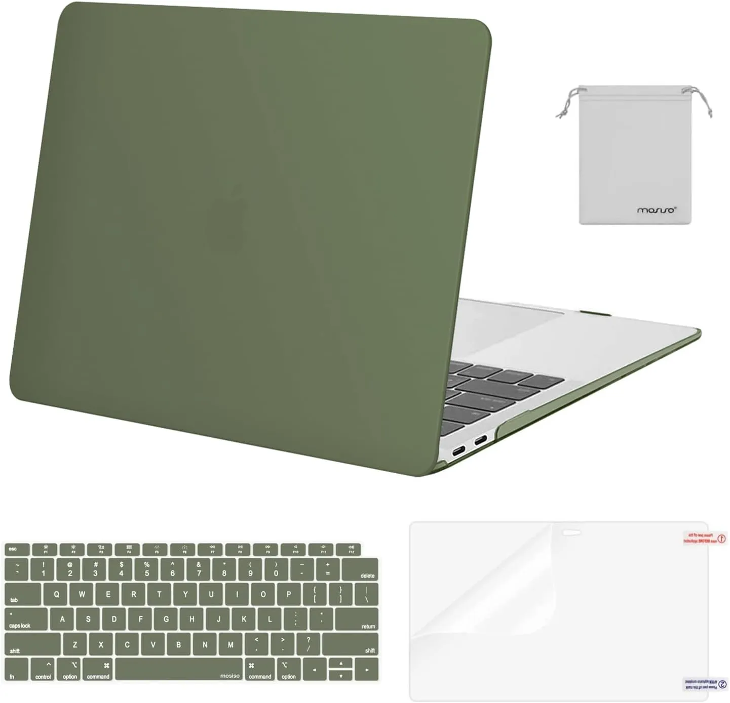 MOSISO Compatible with MacBook Air 13 inch Case 2022, 2021-2018 Release A2337 M1 A2179 A1932, Plastic Hard Shell&Keyboard Cover&Screen Film&Storage Bag for MacBook Air 13.3 inch Case, Army Green