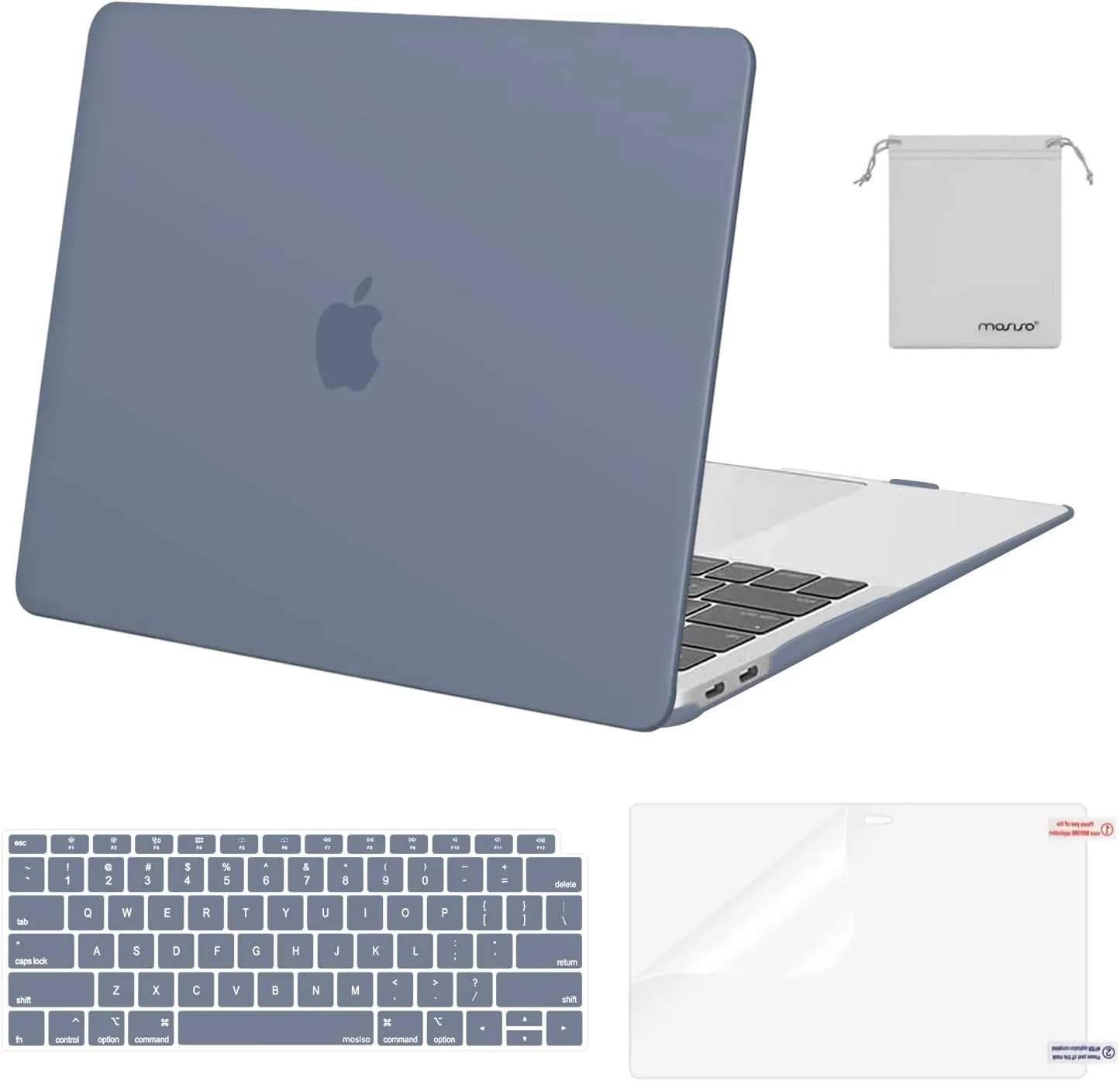 MOSISO Compatible with MacBook Air 13 inch Case 2022, 2021-2018 Release A2337 M1 A2179 A1932, Plastic Hard Shell&Keyboard Cover&Screen Film&Storage Bag for MacBook Air 13.3 inch Case, Haze Blue