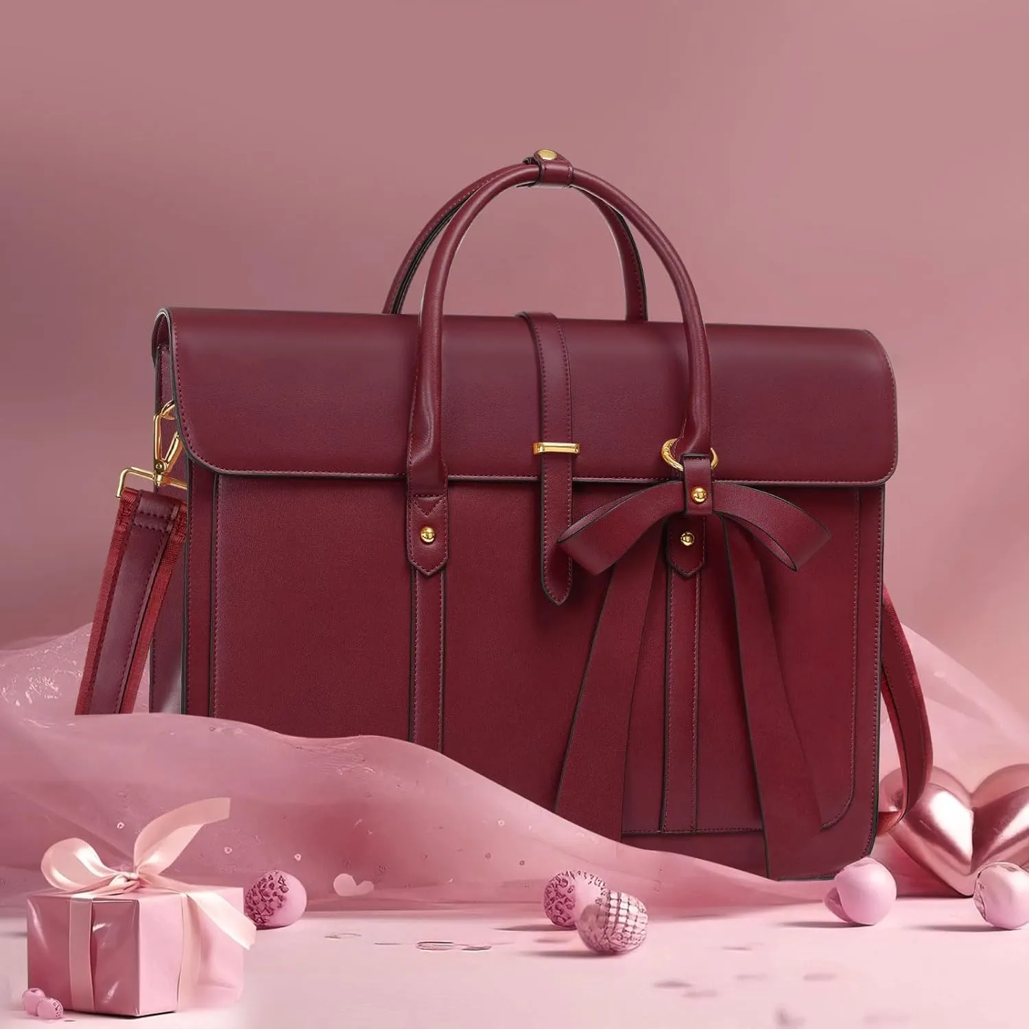 MOSISO Laptop Bag for Women, 13-14 inch PU Leather Laptop Shoulder Bag Convertible Backpack, 13.3 inch Messenger Bag Casual Handbag Work Briefcase Travel Computer Bag with Bowknot, Wine Red