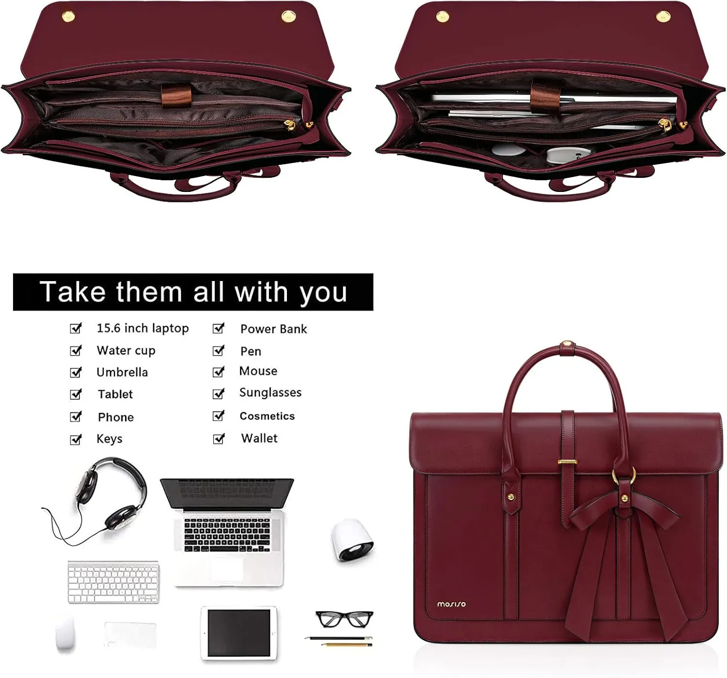 MOSISO Laptop Bag for Women, 13-14 inch PU Leather Laptop Shoulder Bag Convertible Backpack, 13.3 inch Messenger Bag Casual Handbag Work Briefcase Travel Computer Bag with Bowknot, Wine Red