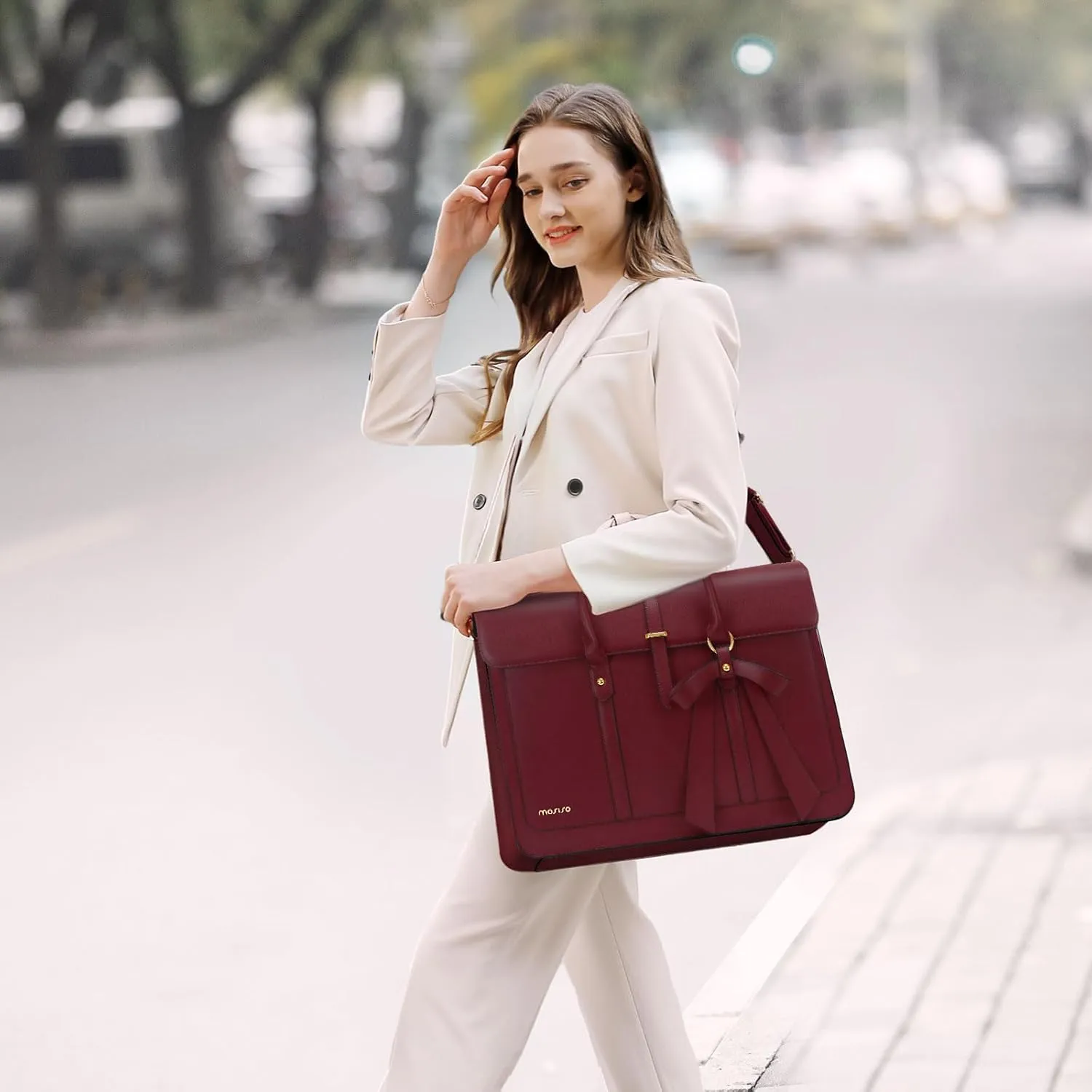 MOSISO Laptop Bag for Women, 13-14 inch PU Leather Laptop Shoulder Bag Convertible Backpack, 13.3 inch Messenger Bag Casual Handbag Work Briefcase Travel Computer Bag with Bowknot, Wine Red