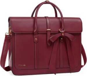 MOSISO Laptop Bag for Women, 13-14 inch PU Leather Laptop Shoulder Bag Convertible Backpack, 13.3 inch Messenger Bag Casual Handbag Work Briefcase Travel Computer Bag with Bowknot, Wine Red