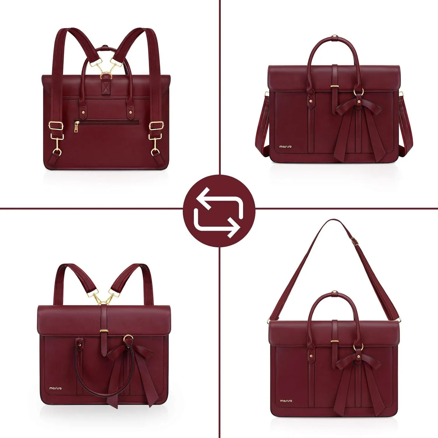 MOSISO Laptop Bag for Women, 13-14 inch PU Leather Laptop Shoulder Bag Convertible Backpack, 13.3 inch Messenger Bag Casual Handbag Work Briefcase Travel Computer Bag with Bowknot, Wine Red