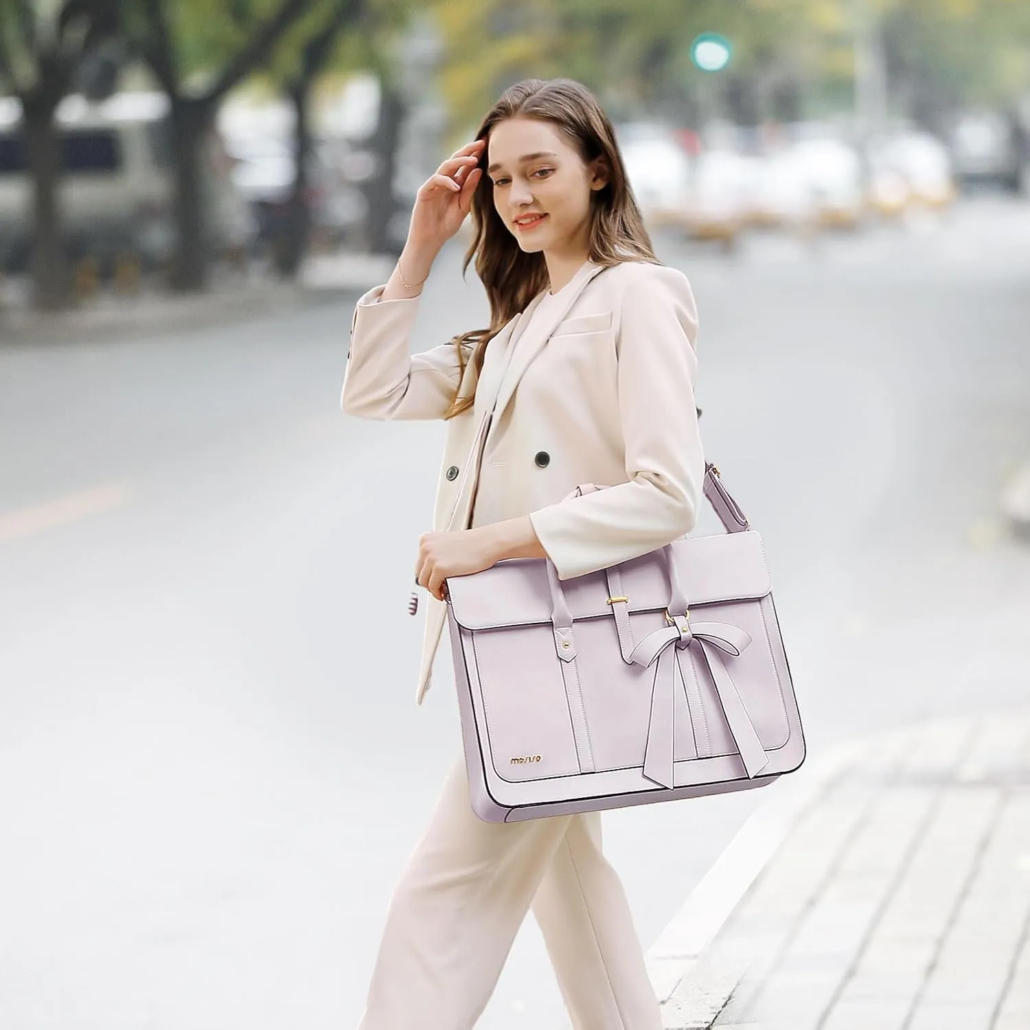 MOSISO Laptop Bag for Women, 15-15.6 inch PU Leather Laptop Shoulder Bag Convertible Backpack, 16 inch Messenger Bag Casual Handbag Work Briefcase Travel Computer Bag with Bowknot, Dusty Lilac