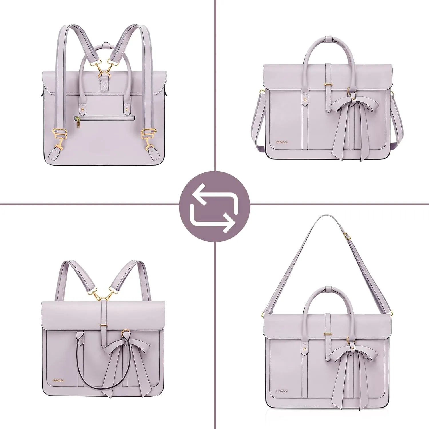 MOSISO Laptop Bag for Women, 15-15.6 inch PU Leather Laptop Shoulder Bag Convertible Backpack, 16 inch Messenger Bag Casual Handbag Work Briefcase Travel Computer Bag with Bowknot, Dusty Lilac