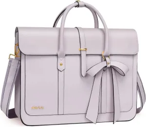 MOSISO Laptop Bag for Women, 15-15.6 inch PU Leather Laptop Shoulder Bag Convertible Backpack, 16 inch Messenger Bag Casual Handbag Work Briefcase Travel Computer Bag with Bowknot, Dusty Lilac