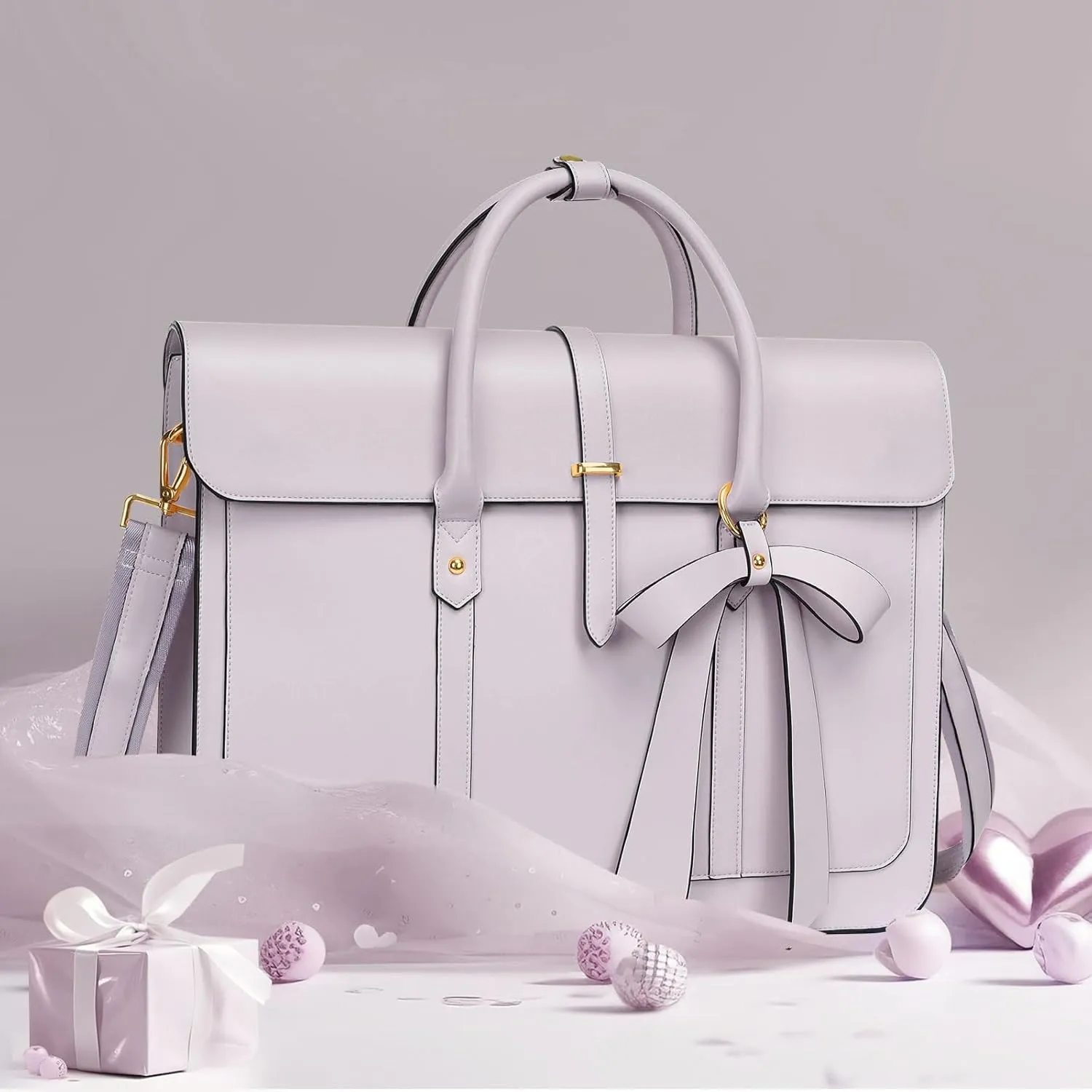 MOSISO Laptop Bag for Women, 15-15.6 inch PU Leather Laptop Shoulder Bag Convertible Backpack, 16 inch Messenger Bag Casual Handbag Work Briefcase Travel Computer Bag with Bowknot, Dusty Lilac