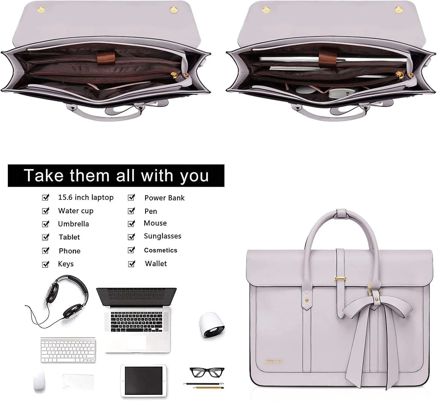 MOSISO Laptop Bag for Women, 15-15.6 inch PU Leather Laptop Shoulder Bag Convertible Backpack, 16 inch Messenger Bag Casual Handbag Work Briefcase Travel Computer Bag with Bowknot, Dusty Lilac