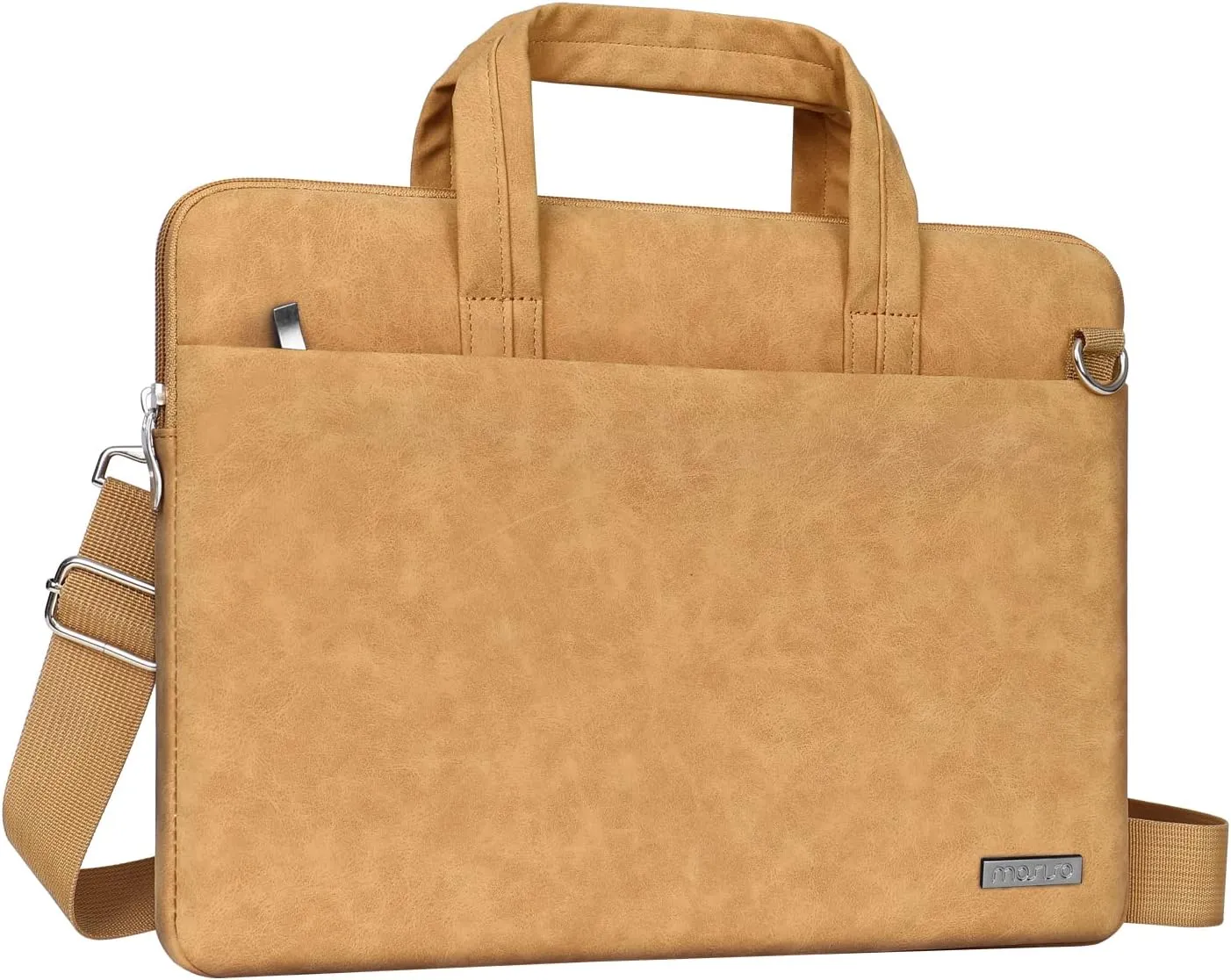 MOSISO Laptop Shoulder Bag Compatible with MacBook Pro 16 inch 2022 2021 M1 Pro/Max A2485/2019-2020 A2141,15-15.6 inch Notebook,Waterproof PU Leather Carrying Sleeve with Front Pocket&Belt, Brown