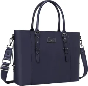 MOSISO PU Leather Laptop Tote Bag for Women (15-16 inch), Waterproof Large Capacity Business Work Briefcase Shoulder Laptop Bag, Navy Blue