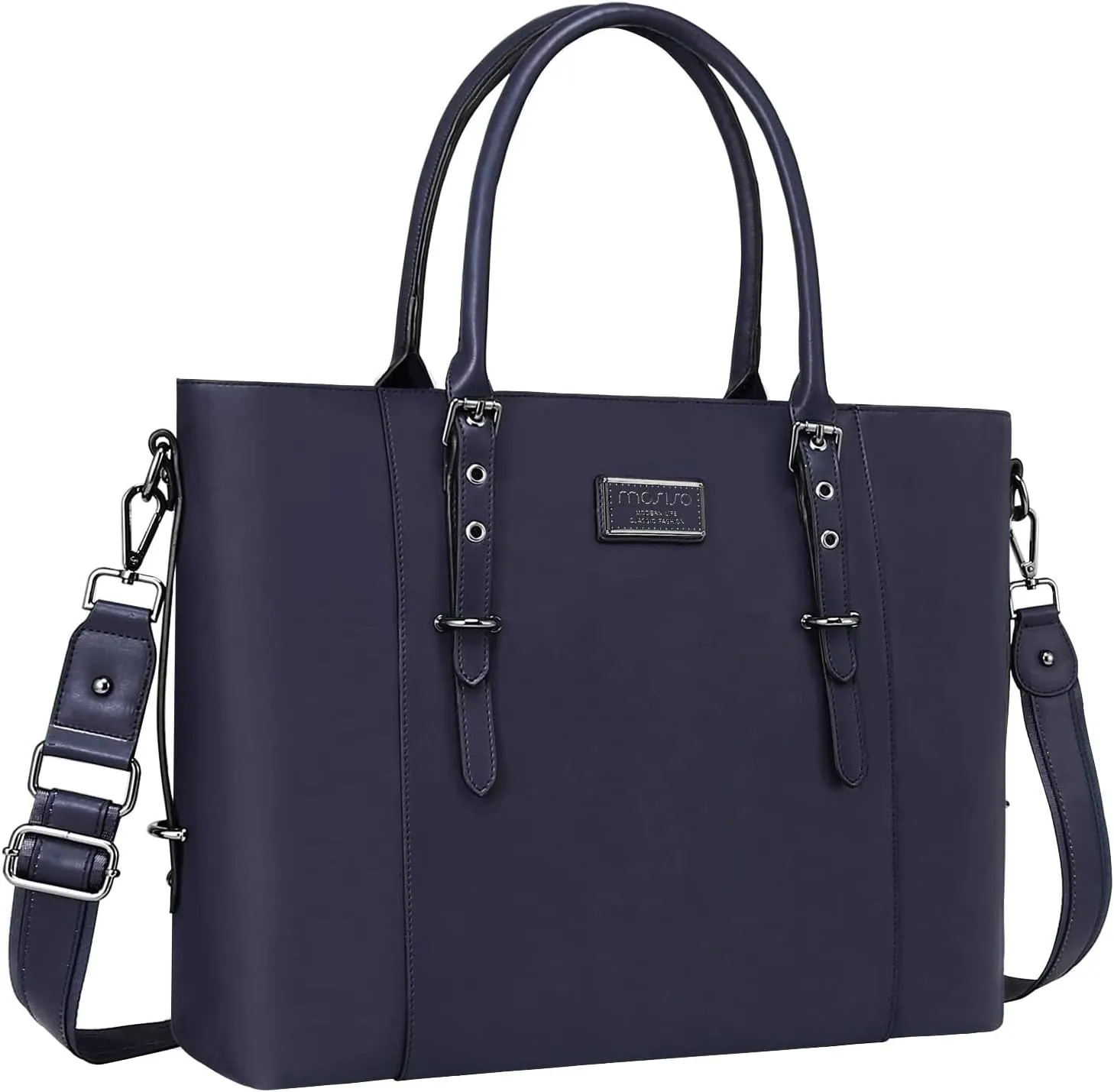 MOSISO PU Leather Laptop Tote Bag for Women (15-16 inch), Waterproof Large Capacity Business Work Briefcase Shoulder Laptop Bag, Navy Blue
