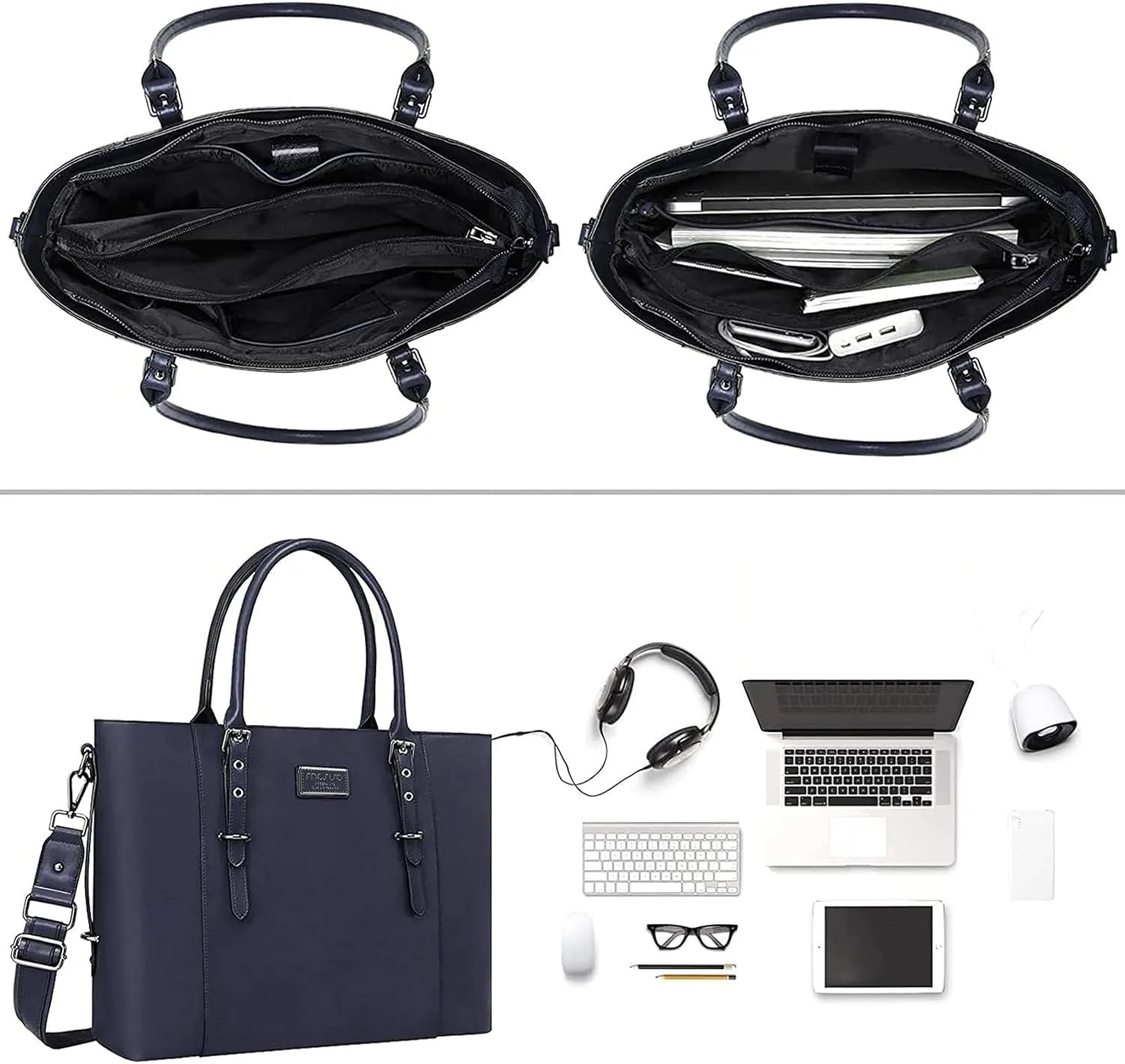 MOSISO PU Leather Laptop Tote Bag for Women (15-16 inch), Waterproof Large Capacity Business Work Briefcase Shoulder Laptop Bag, Navy Blue